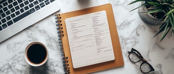 Office desk top view featuring a notebook with 2025 goals and a new year business plan, showcasing a strategy list and space for resolutions for future success
