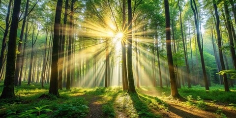 Fototapeta premium Sunlight streaming through trees in the forest
