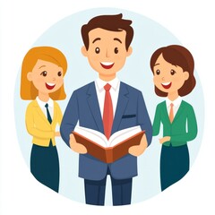 A man holds a book, surrounded by two smiling women, suggesting teamwork.