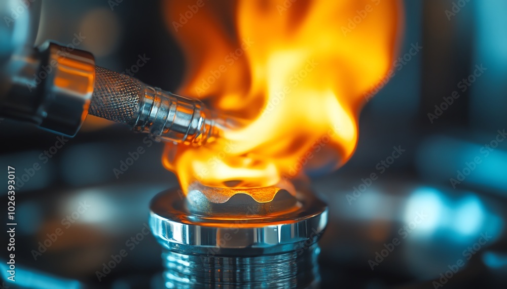 Wall mural closeup of a shiny lighter igniting a bright orange flame, showcasing the power of gas as a fuel sou