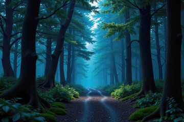 Obraz premium Mysterious dirt road winding through a blue foggy forest