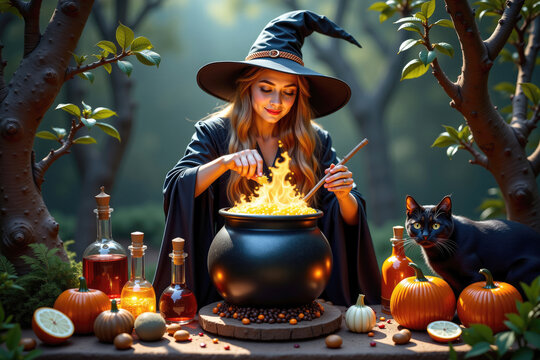 Beautiful witch preparing a magic potion in a forest with her black cat familiar