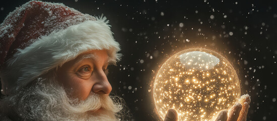 Santa with a glowing ring of light in his hands and snow falling around him creates a festive, magical scene for holiday campaigns.
