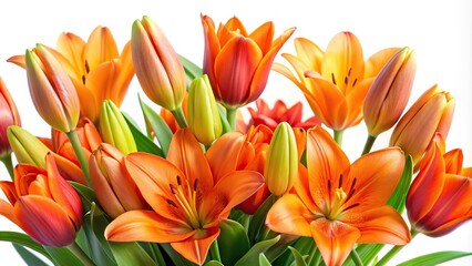 Orange lily and tulip flowers on white background