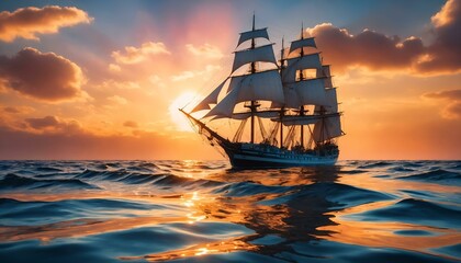 Obraz premium Majestic sailing ship navigating through vibrant waves during a breathtaking sunset