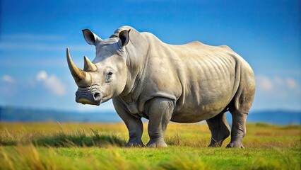 Obraz premium White rhinoceros standing on grass from a low angle