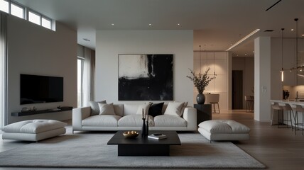 Fototapeta premium A modern living room with a white sofa, black coffee table, and abstract art on the wall. The room is spacious and has a minimalist aesthetic.