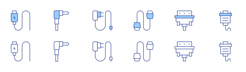 Cable icon set in two styles, Duotone and Thin Line style. Editable stroke. cable, hdmi, vga cable, jack connector, hdmi cable, charger