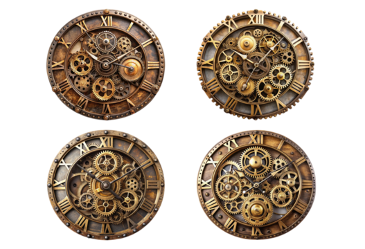 Set of steampunk inspired clock featuring intricate gears png