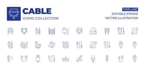 Cable icons collection. Thin Line icons, editable stroke. connector, power plug, usb, ribbon cable, jack cable, usb cable, optical fiber, hdmi, thunderbolt, vga cable, cable