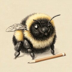 A detailed illustration of a bumblebee next to a pencil.