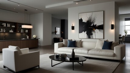 Fototapeta premium Modern living room interior with white sofa, coffee table, armchair, and abstract art.
