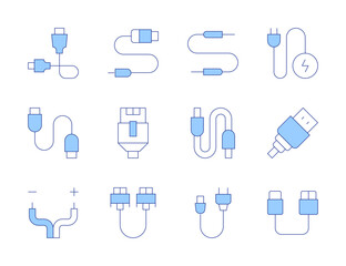 Cable icons. Line Duotone style, editable stroke. cable, lan, power cable, vga cable, usb cable, jack connector