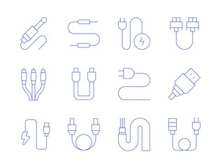Cable icons. Thin Line style, editable stroke. jack, cable, charger, optical fiber, av cable, power cable, jack connector, vga cable, usb cable