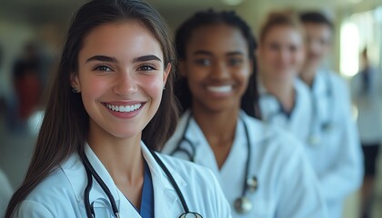 Group of diverse medical student nurses in training at college, showcasing teamwork and collaboration in a healthcare education setting