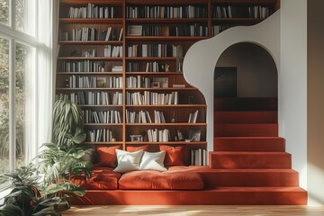 Fototapeta premium Bookshelves beside the stairs in the interior design concept