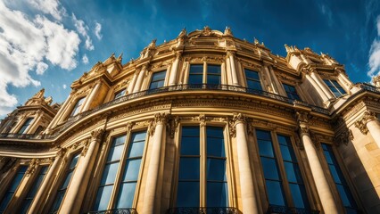 A grand architectural facade with large windows under a dramatic sky.