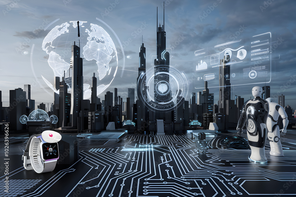 Poster futuristic cityscape with smart technology and robots