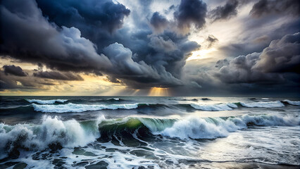 Dark sea, storm is hitting the shore, strong waves