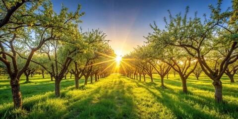 Obraz premium orchard scene with sunny evening morning backlight