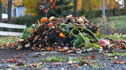 Obraz premium Detailed view of a compost heap with layered organic waste in a vibrant garden setting