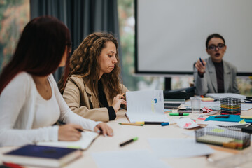 A group of students attentively engaged in a classroom setting, actively discussing and taking notes. The atmosphere reflects collaborative learning, emphasizing teamwork and education in a modern