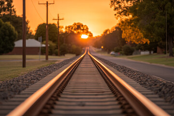 Fototapeta premium Sunset view over railway tracks in a quiet suburban neighborhood during evening hours