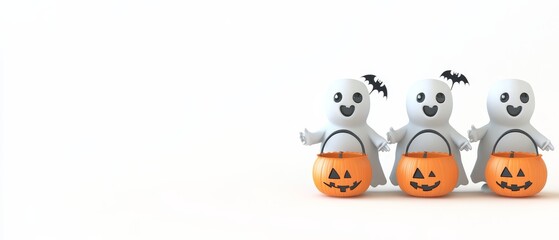 Four ghosts are holding orange pumpkins