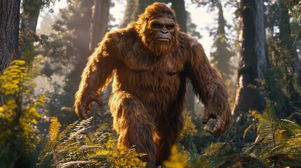 Obraz premium A large, furry, brown gorilla is walking through a forest