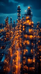 Fototapeta premium Industrial plant producing chemicals close up, focus on, copy space Cool tones and sharp contrasts, Double exposure silhouette with chemical engineering
