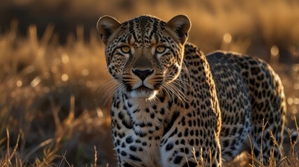 Obraz premium A majestic leopard with a powerful gaze stares into the camera, its spotted coat blending seamlessly with the golden grasses of the savanna.