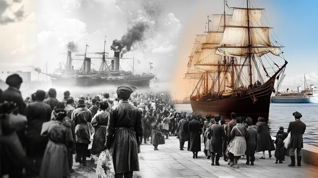Historical black-and-white photo of immigrants arriving at a port, capturing a moment in history