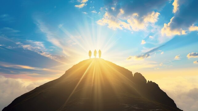 Silhouetted figures on mountain peak at sunrise with radiant sunbeams against cloudy sky. The Transfiguration of Jesus on the mountain, Moses and Elijah standing beside him