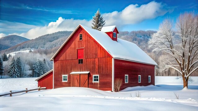 Winter scene of red barn covered in snow in Stowe Vermont USA