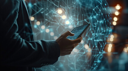 Executive Engaged with Virtual Blockchain Network on Tablet, Interactive Data Fields Floating, Close-Up of Hands and Technology