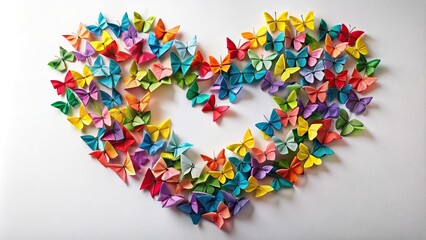 Origami butterflies, colored paper, heart, tilted angle