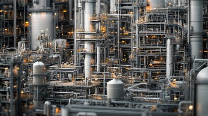 A close-up view of a massive petrochemical plant's distillation columns and tanks, with engineers at work.