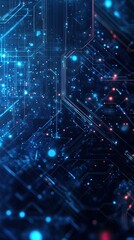 Fototapeta premium Abstract blue technology background featuring glowing lights and circuit patterns for digital design projects.