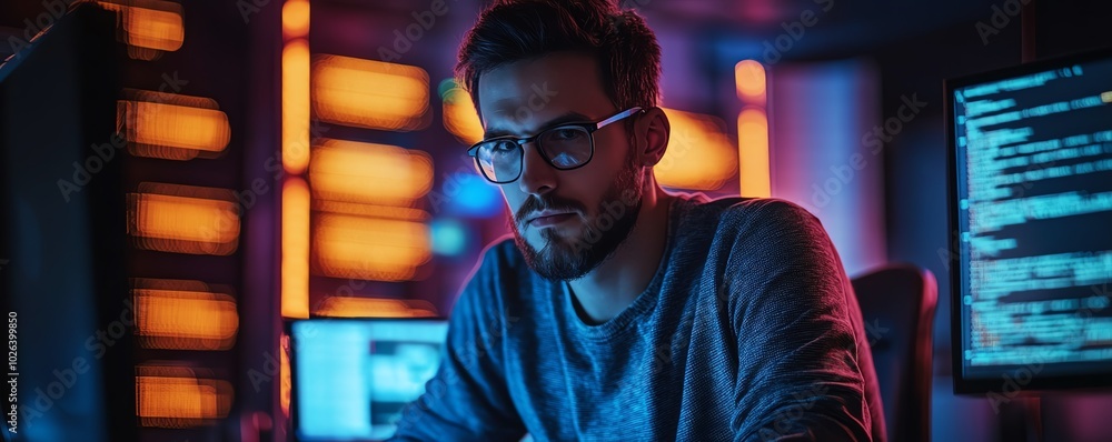 Poster creative image of a man programming with cybersecurity tools, representing expertise in networking a