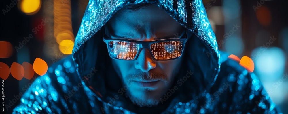 Poster creative image of a man programming with cybersecurity tools, representing expertise in networking a