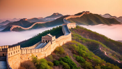 The Great Wall of China winds majestically through the mountains, beautifully illustrated in a photostock image on a light cream background