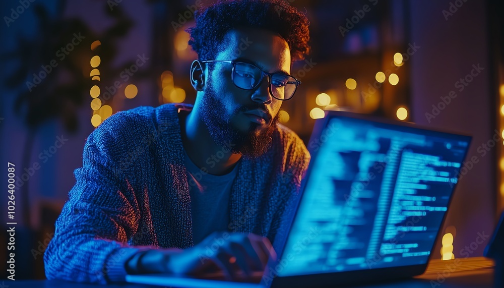 Poster dedicated programmer analyzing code on a laptop, illustrating the role of a cybersecurity expert in 