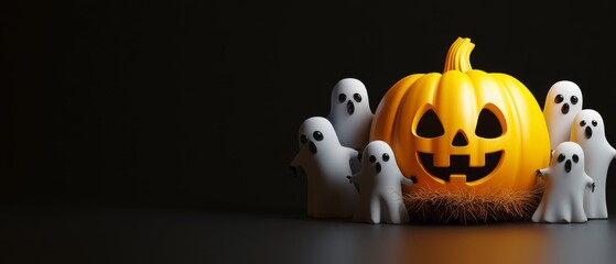 A Halloween scene with a pumpkin and several ghosts