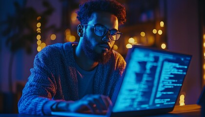 Dedicated programmer analyzing code on a laptop, illustrating the role of a cybersecurity expert in defending against malware and network threats