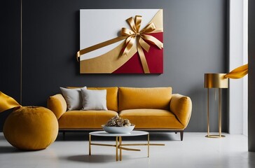 modern living interior with gift box design poster, yellow sofas