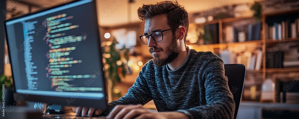 Poster focused male programmer developing code for cybersecurity, illustrating his expertise in networking 