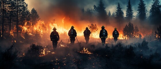Group of firefighters navigating the aftermath of a forest fire, showcasing their vital role in combating natural disasters linked to climate change