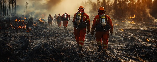 Group of firefighters walking through a charred forest after a fire, highlighting their bravery in emergency response to natural disasters caused by global warming