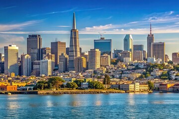 Obraz premium Wide panoramic view of San Francisco skyline with downtown buildings across the bay