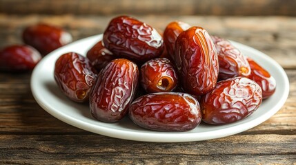 Close-up of Dates on White Plate with Rustic Wooden Background